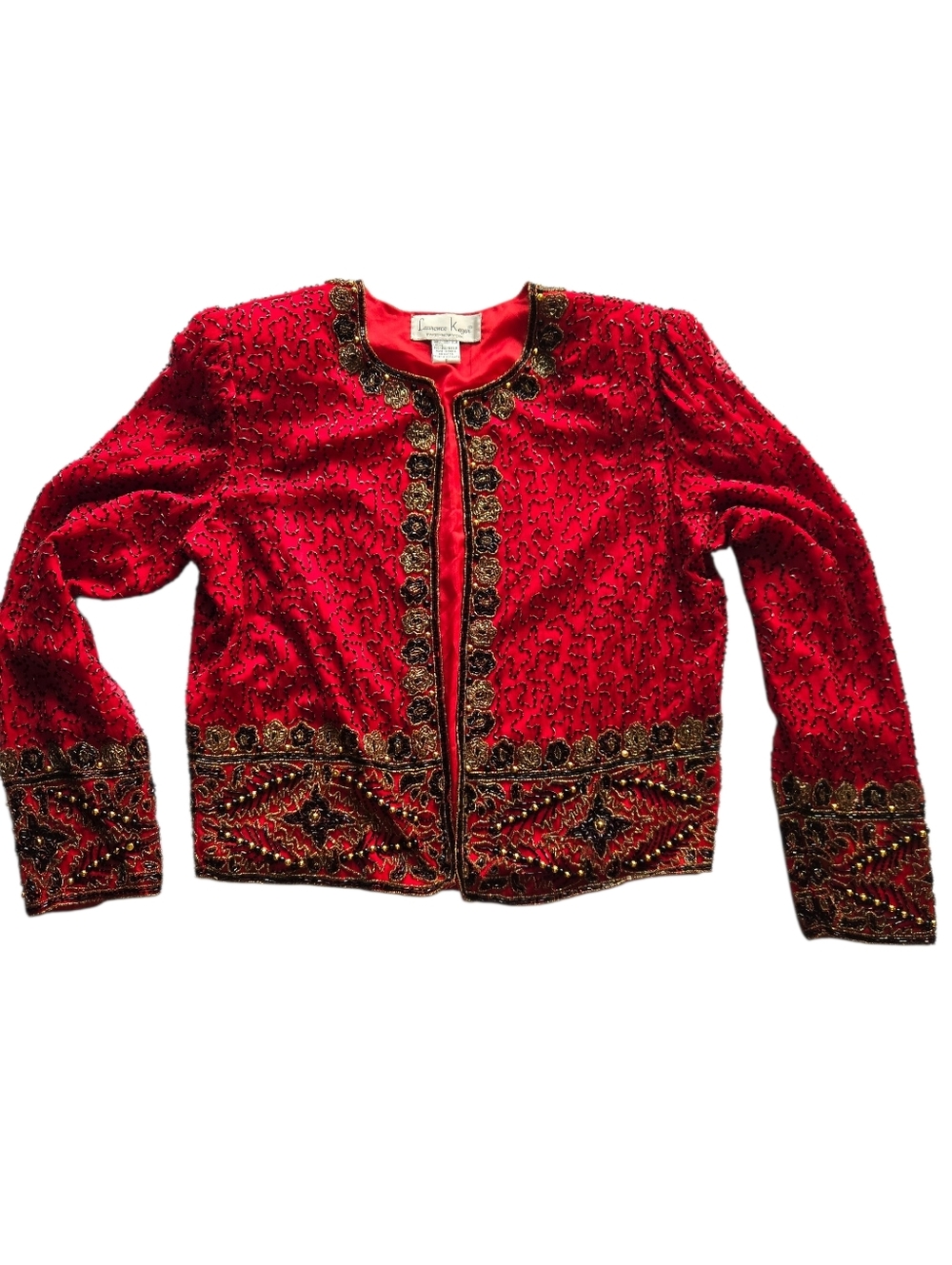 Laurence Kazar Vintage Silk Sequin Beaded Bolero Jacket Red Gold Holiday - Picture 2 of 12